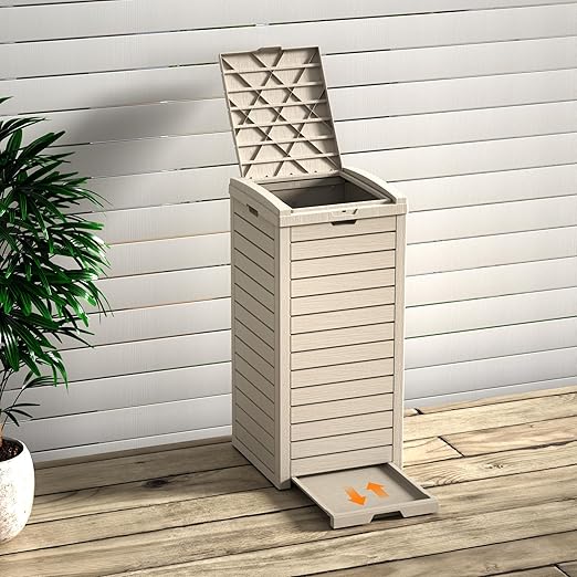 Vixzen 38Gallon Outdoor Trash Can with Lid,Waterproof Resin Waste Bin,Lightweight,Large Sturdy Garbage Bin for Patio,Kitchen,Backyard,Light Brown