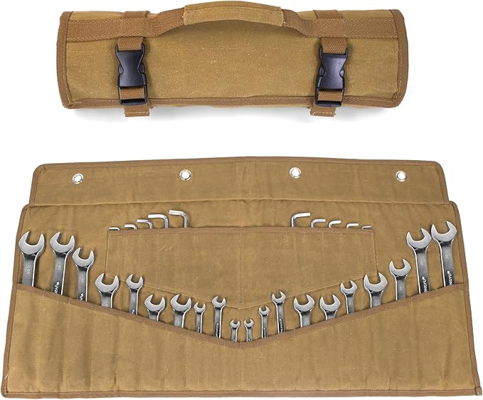Wrench Roll 32 Pockets, Heavy-Duty 16 oz. Waxed Canvas Wrench Roll Up Bag Holds Wrench Wrap for Metric and SAE Wrenches, Wrench Pouch with Buckles and Handle, Sturdy Wrench Tool roll (Khaki)