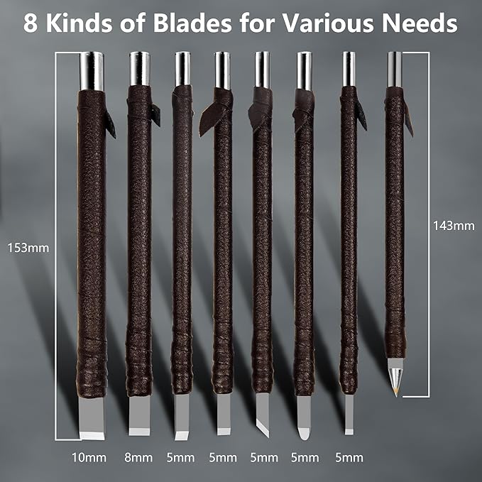 8 Pcs Tungsten Steel Chisel, Metal Engraving Tools, Chisel Set with Leather Sheath for Woodworking, Seal and Bamboo Carving