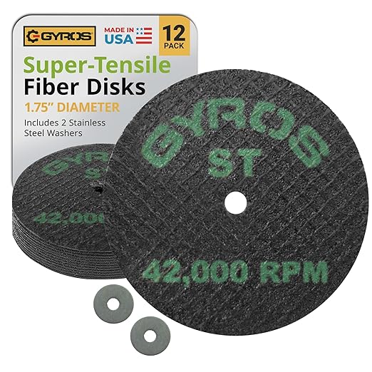 GYROS 1.75” Mini Resin Cut-Off Wheels for Rotary Tools, 12 Double Fiberglass Reinforced Cutting Discs, ST Materials Like Titanium, Carbon; Dremel Cutting Tool Accessory. Made in USA 11-41702/12