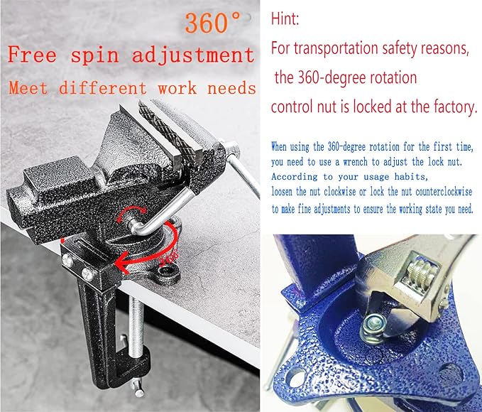 2-in-1 Dual-Purpose Combined Bench Vise or Table Vise, With end-point locking device, Portable Universal Rotate 360° Work Clamp-On Vise, 3.0" Blue