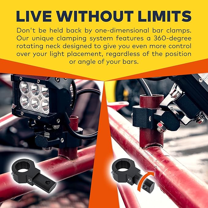 Off-Road ATV UTV Light Bar Mount Mounting Bracket Mini Bar Clamp Kit [0.75"/1"/1.25" Inch] [360-Degree] [2 Stud Sizes] [Aluminium] [1 Unit] Bull Bar Roll Bar Clamp Roll Cage Clamps Mount For ATV UTV