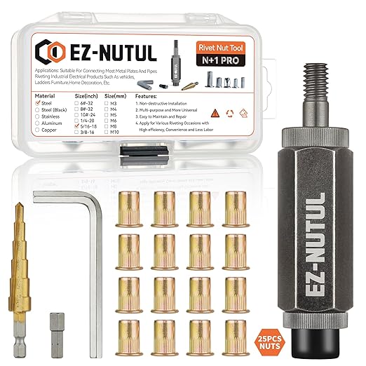 Rivet Nut Installation Tool Set Flat Head Rivnut Threaded Insert Nut Kit SAE & Metric for Metal Heavy Duty Zinc Plated Nutsert (5/16-18(Rivet Nut Tool-25pcs))