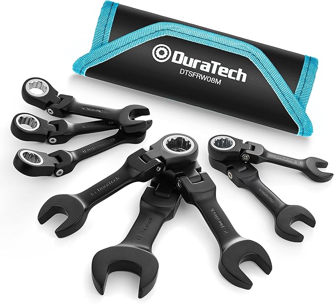 DURATECH Stubby Flex-head Ratcheting Combination Wrench Set, 8-piece, Metric, 9 to 17mm, CR-V Steel, Black Electrophoretic Coating, with Rolling Pouch