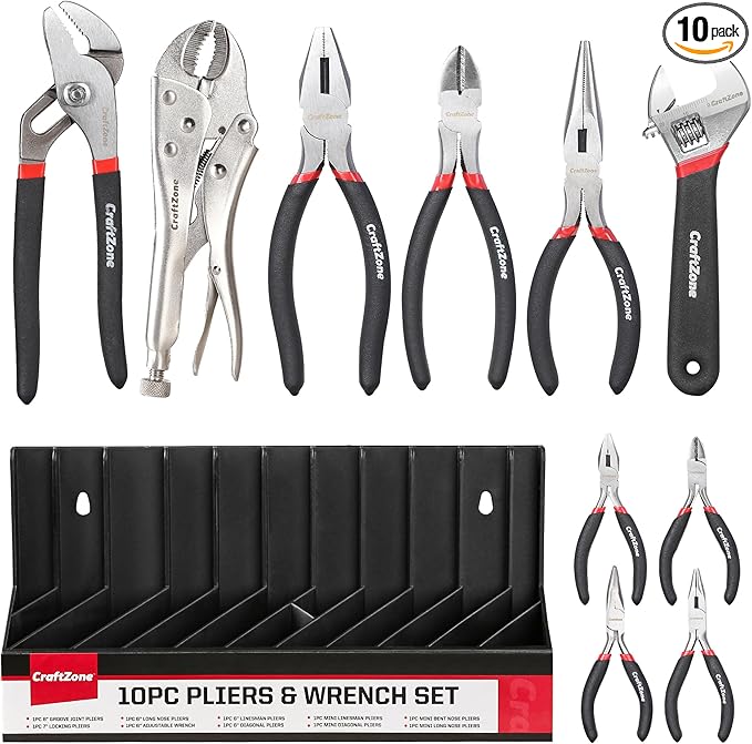 10PC Pliers and Wrench Set with Storage Rack – Includes Locking | Long Nose | Diagonal Cutter | Groove Joint | Linesman & Mini Plier ，High-Quality Carbon Steel Tool Kit for DIY and Home a Gift for Man