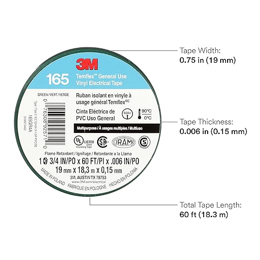 3M Temflex Multi-Purpose Vinyl Electrical Tape 165, Green, 3/4 in x 60 ft (19 mm x 18 m), 10 Roll Pack