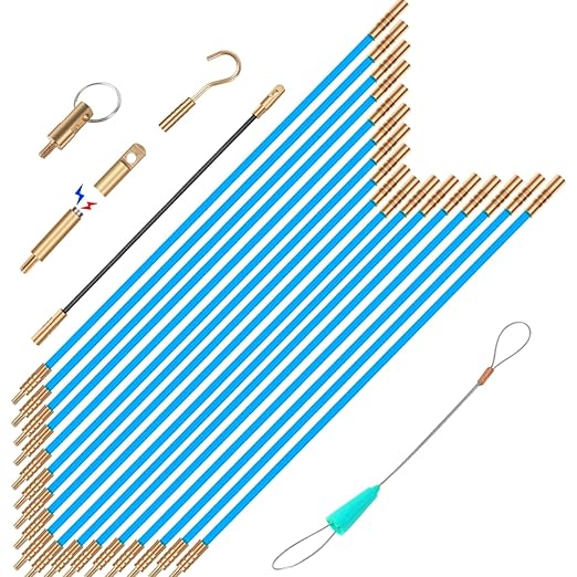 23.8FT Fiberglass Running Electrical Wire Cable Glow Rods Wire Pulling, Fish Rods Electrical Kit with 6 Different Attachments and Fish Tape Wire Puller Kit (23, Blue)