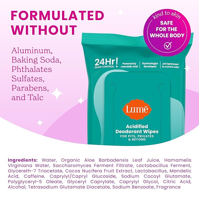 Lume Acidified Deodorant Wipes - 24 Hour Odor Control - Aluminum Free, Baking Soda Free, Skin Loving - Flushable - 15 Count (Pack of 3) (Cool Cucumber)