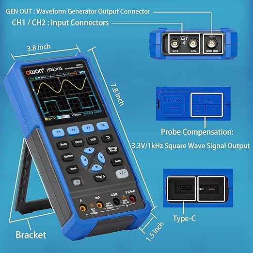 HDS242S Oscilloscope, 2 in 1 Dual Channel 40MHz Bandwidth Handheld Oscilloscope Multiumeter with Waveform Generator for Automatic Measurements, Electronic Measurement 3.5 inch LCD