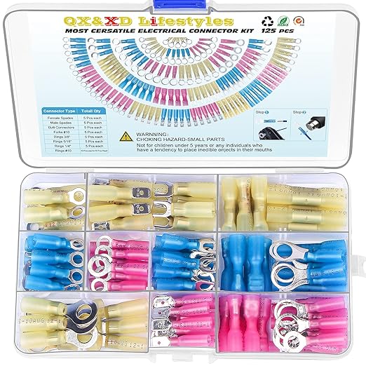 125PCS Heat Shrink Wire Connectors,Electrical Terminals Kit,Waterproof,Automotive Marine Electrical Terminals Kit,Ring Fork Hook Spade Butt Splices,Tinned Red Copper,12-10,16-14,22-16 (125PCS)