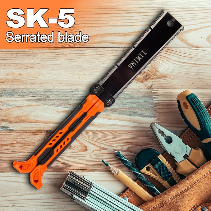 Hand Saw for Wood Cutting, 16 Inch Folding Hand Saw with SK5 Double Edged Blade, Orange