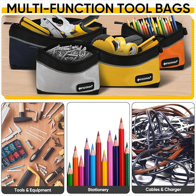 TICONN Tool Pouches with Zipper, 1680D Oxford Small Tool Bags, Waterproof Utility Bag Zipper Pouch for Tool Organizers and Storage (6 Pack Small)