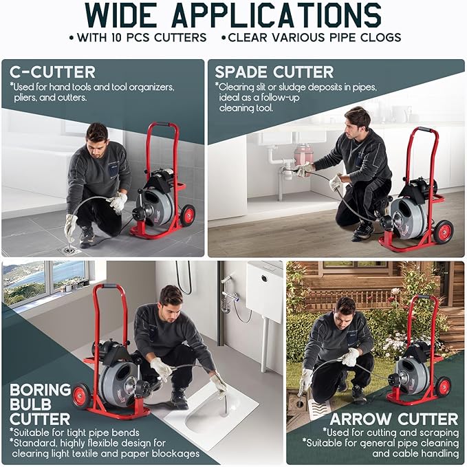 Albott 75 FT x 3/8 inch Electric Drain Cleaner Machine with Auto-Feed & 10 Cutters, Sewer Snake Auger for 1–4 Inch Pipes, Foot Switch & Wheels, Ideal for Commercial & Home Use, Gray/Red