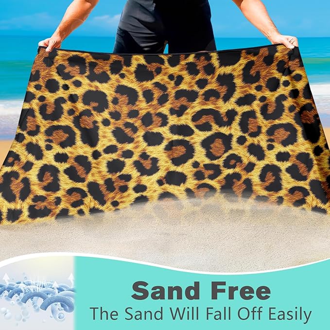 Leopard Print Beach Towel Oversized 36" x 72", Thin Lightweight Sand Free Quick Dry Microfiber Towel for Swimming Pool Cruise Camping Travel
