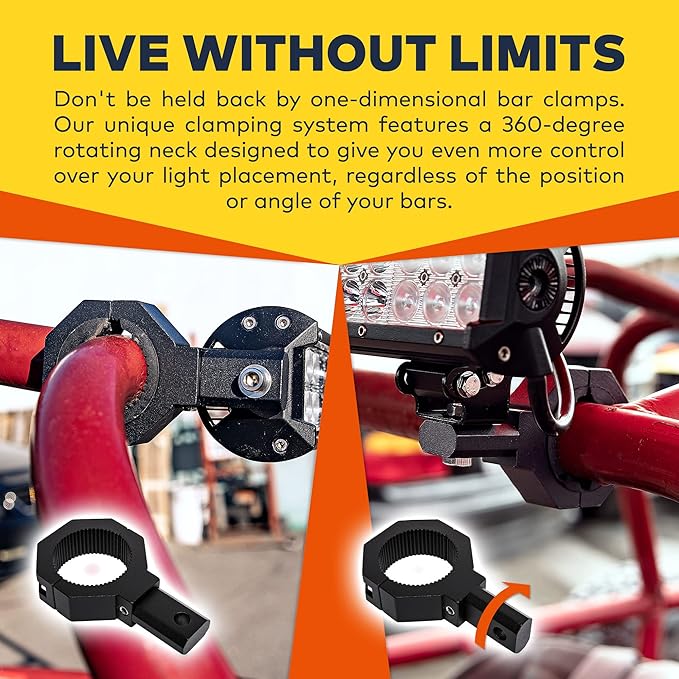 LAMPHUS Off-Road ATV UTV Light Bar Mounts Mounting Bracket Clamp Kits [1"/1.5"/1.75"/2" Inch] [360-Degree] [2 x Stud Size] Aluminium Unit Bull Roll Cage Clamps Mount