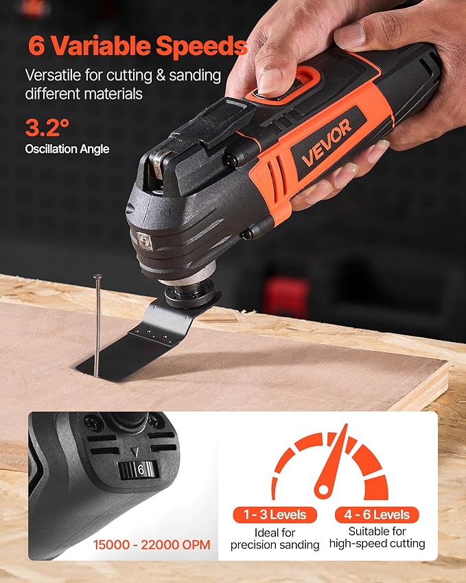 VEVOR Multitool Oscillating Tool, 3Amps Corded Oscillating Multi Tool with 6 Variable Speeds 15000-22000 OPM, 3.2° Oscillating Angle, 13PCS Saw Accessories, LED Work Light & Tool Bag