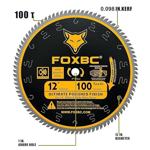 FOXBC 12 Inch Miter Saw Blade 100 Teeth Ultimate Polished Finish Saw Blade for Wood with 1 Inch Arbor