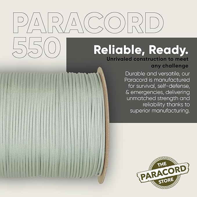 The Paracord Store | Type III 550 Paracord - 1000 FT Spool, Silver Grey | Heavy Duty 7 Strand Tactical Paracord - USA Made Nylon Outdoor Parachute Cord for Camping, Fishing & More - Survival Cord