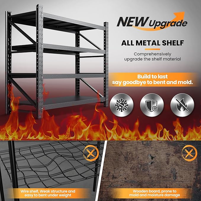 71” W Storage Shelves Heavy Duty, 5000LBS Metal Garage Shelving Units, 4 Tier Storage rack shelf, Steel Industrial Shelving , Adjustable Standing Shelf for Basement/Warehouse 71"W x 24"D x 70"H, Black