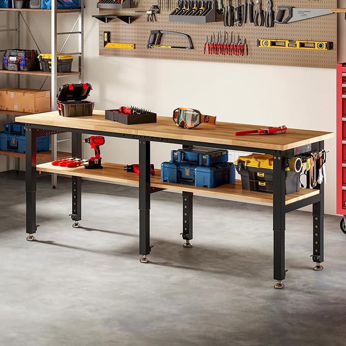 SPECRAFT Adjustable 2-Tier Workbench with 4 AC Outlet and 2 USB Ports Power Outlets, 2000 Lbs Capacity Heavy Duty Workbench, Rubber Wood Top for Garage, Workshop, Office（84x20in）