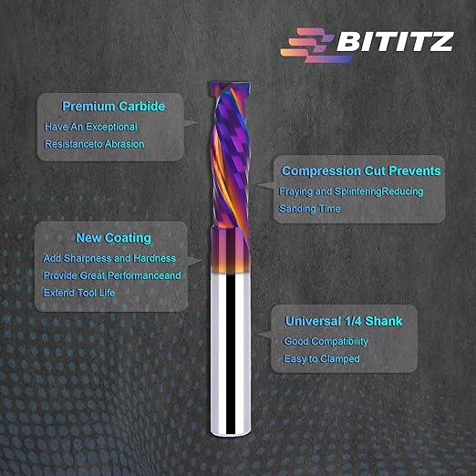 Up & Down Cut Spiral Router Bit 1/4 Inch Shank 1/4 Inch Cutting Diameter 1/10 inch Cutting Length with Extra Long Life Coating CNC Router Bits End Mill for Wood Cutting, Slot Mortise, Engraving