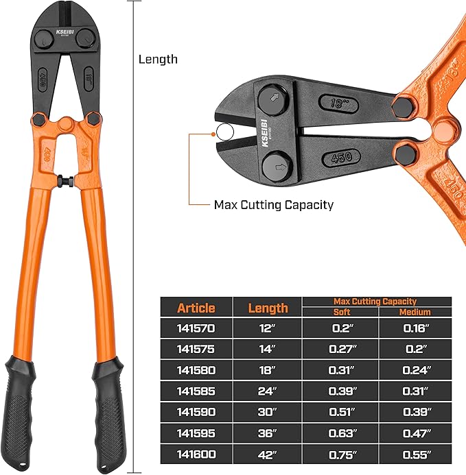 KSEIBI 141585 Heavy-Duty Medium Size Bolt Cutter 24" for Cutting Fence, Steel Wire, Chain, Screws, Rivet, and Medium Padlock, with Soft Grip Rubber Ergonomic Handle Cutters