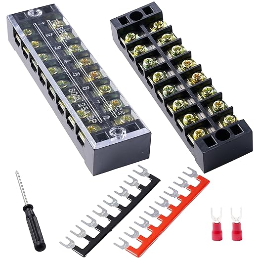 Terminal Block (2 Sets) 2Pcs 8 Positions Dual Row 600V 25A Screw Terminal Strip Blocks with Cover&2Pcs Pre-Insulated Barrier Termina Block Strip&16Pcs Insulated Fork Wire Connector