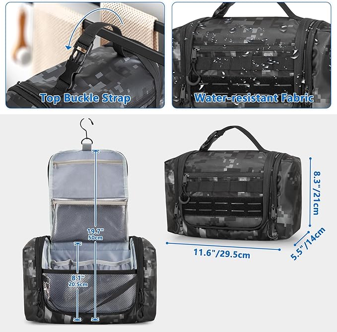 Hanging Toiletry Bag for Men, Tactical Dopp Kit Toiletry Travel Bag, Large Hygiene Organizer Shower Bag for Camping Outdoor, Black Digital