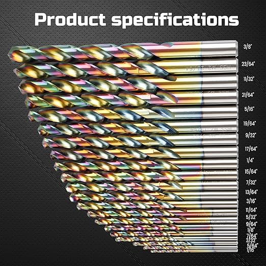 Lichamp Drill Bit Set, 21Pcs M2 HSS Cobalt Drill Bits from 1/16" to 3/8" for Metal, Cast Iron, Stainless Steel and Plastic with Durable Index Metal Storage Case, Colorful Titanium Plating