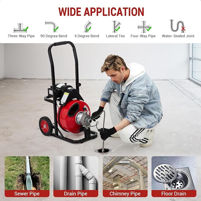 Auto Feed 100 FT x 3/8 Inch Drain Cleaner Machine with 250W Motor, Portable Sewer Snake Auger with 8 Cutters & Air-Activated Foot Switch, Fits 1" to 4" Pipes, Black & Red