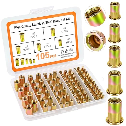 Metric Rivet Nut Assortment Kit, 105Pcs Carbon Steel SAE Rivet Nut, M3 M4 M5 M6 M8 UNC Flat Head Rivnut Set, Threaded Insertion Nut Sets for Automotive, Mechanical and Other Equipment