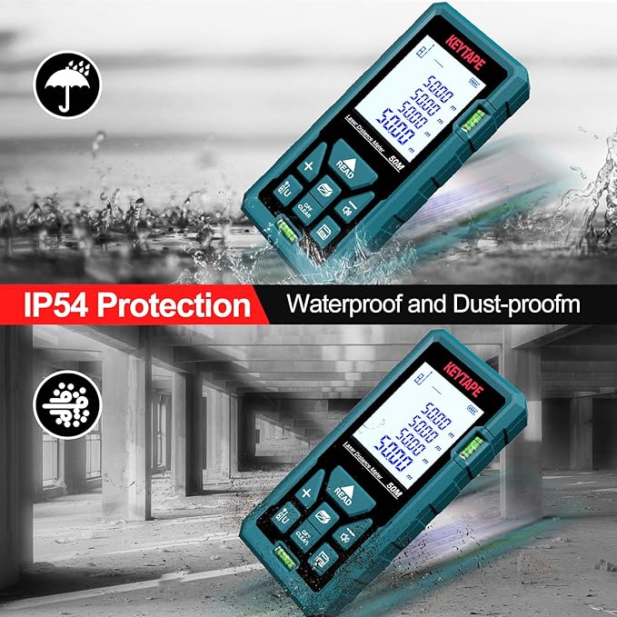Laser Measure 328ft KEYTAPE Laser Distance Measure with Real Time, Upgraded M/in/FT/FT+in Unit Switching Backlit LCD and Pythagorean Mode, DT100 Portable Handle Digital Measurement Tool Range Finder