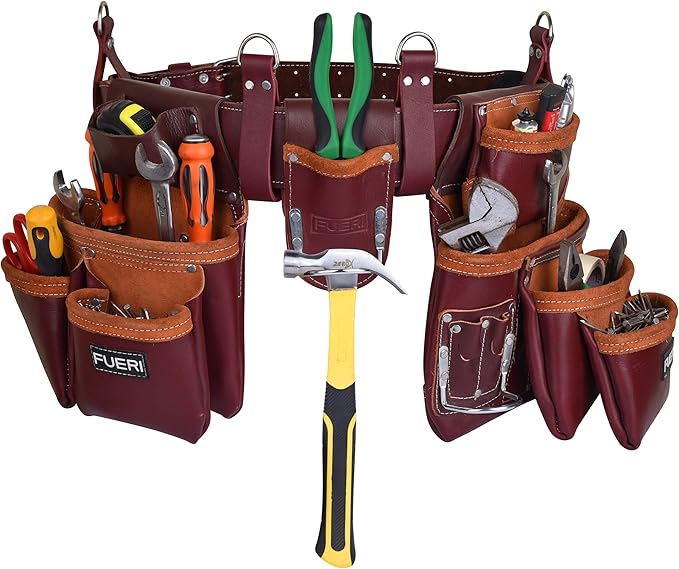 Heavy Duty 19 Pocket Leather Tool Belt Multipurpose Pockets Work Organizer Pouch Framing Fat Lip Tool Holder for Carpenter, Construction, Handyman, and Electrician Tool Belt Set