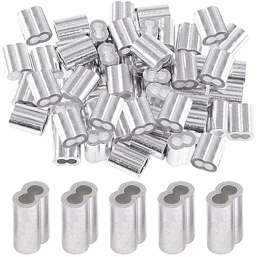Glarks 50Pcs 3/16''(5mm) Aluminum Crimping Loop Sleeve Wire Rope Sleeves Double Barrel Ferrule for Wire Rope and Cable Line End (3/16''-50Pcs)