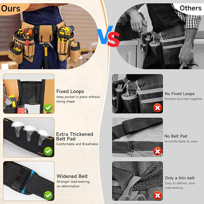 Tool Belt,Magnetic Tool Pouch,27-Pockets Heavy Duty Padded Tool Belts for Men,Detachable & Adjustable Tool Pouch Bag for Electrician,Carpenter,Construction,Work Apron,Utility Belt,Black,Brown