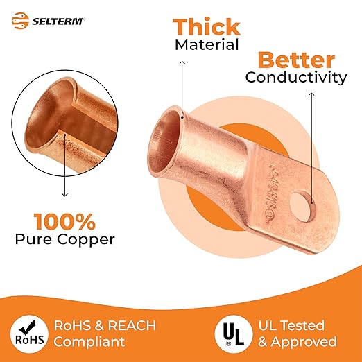 SELTERM 2pcs 4/0 AWG 5/16" Stud Copper Wire Lugs, Ring Terminals, Battery Cable Ends, 0000 Gauge Ring Terminal Connectors, UL Heavy Duty Bare Copper Eyelets Battery Terminal Connectors