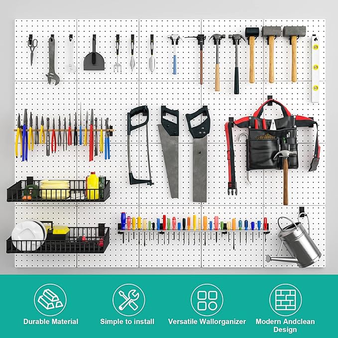 Peg Board, 4 Pack Metal Pegboard Panels White Pegboards Wall Organizer with Bent Frame Large Heavy Duty Peg Board for Walls Home, Garage Tool Storage, Office Organization, Craft Room, Kitchen
