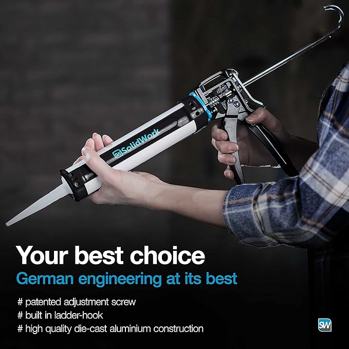SolidWork Caulk Gun for Professional & Drip-Free Use with Ergonomic Steel Handle, up to 1/10 Gallon Cartridge, Adjustable 24:1 Thrust Ratio 1/10 Gallon Cartridge | Black Caulking Gun