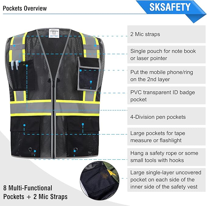 SKSAFETY 10 Pockets Safety Vest, Class 2 High Visibility Security with Zipper Double-sided mesh, Hi Vis Vest with Reflective Strips, ANSI/ISEA Standard, Construction Work Vest （Black, L）