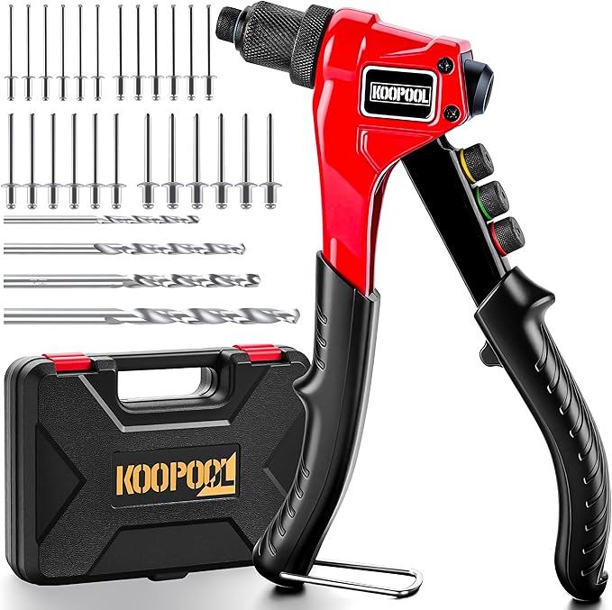 Rivet Gun Kit, Manual Pop Rivet Tool with 200 Rivets and 4 Drill Bits, 4 Tool-Free Interchangeable Rivet Heads, Heavy-Duty Hand Riveter with Sturdy Case for Metal, Plastic, Leather