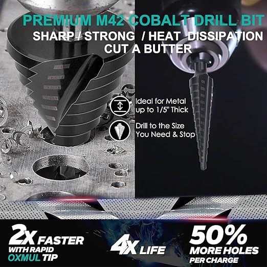 Large Step Drill Bit for Steel, 2" 10Holes, M42 Cobalt Drill Bits, Extra Heavy Duty for Stainless Steel, Metal, Aluminum, Copper, 10-Steps.Co2Pro