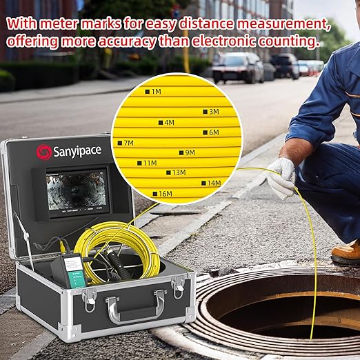 Sanyipace Sewer Camera 100FT/30M with 512Hz Transmitter, Drain Camera Pipe Inspection Camera with Self-Leveling, Clear Meter Marks, IP68 Waterproof, 9" HD Color Screen, Video Record up to 128GB