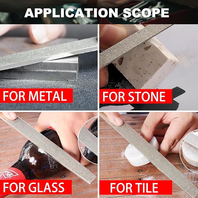 Diamond File Set, 3-Piece, 8-inch, Includes Flat/Half-Round/Round. For Sharpening Lawn Mower Blades, Garden Shears, Axe, Knife - Tool Sharpener for Metal, Tile, Ceramic, Glass, Stone and more