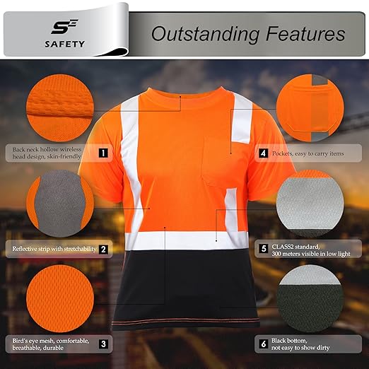 sesafety Hi Visibility Shirts for Men, Safety Shirts with Reflective Strips Class 2, Hi Vis Construction Work Shirt with Pocket Orange 2XL