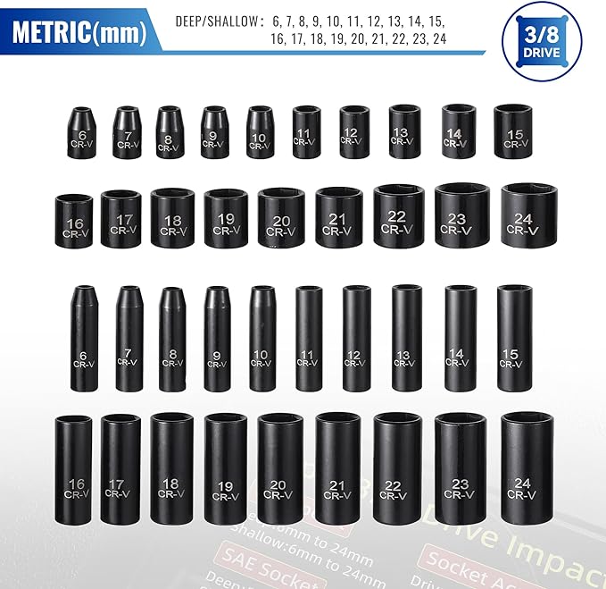 64-Piece 3/8" Drive Socket Set, SAE (5/16"-1") & Metric (6mm-24mm), Deep & Shallow, 72-Tooth Ratchet Wrench, Extension Bars, 1/2" F to 3/8" M Reducer, Universal Joint & Power Drill Adapter