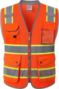 JKSafety 9 Pockets Hi-Vis Safety Vest Breathable Mesh Fabric Cushioned Collar Work Utility PPE Lightweight Industrial Work Gear ANSI/ISEA compliant (101-Orange M)