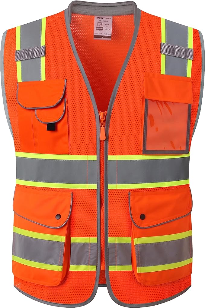 JKSafety 9 Pockets Hi-Vis Safety Vest Breathable Mesh Fabric Cushioned Collar Work Utility PPE Lightweight Industrial Work Gear ANSI/ISEA compliant (101-Orange 3XL)