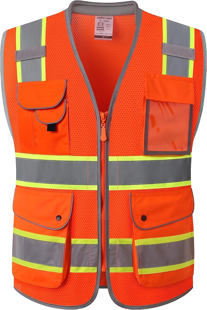 JKSafety 9 Pockets Hi-Vis Safety Vest Breathable Mesh Fabric Cushioned Collar Work Utility PPE Lightweight Industrial Work Gear ANSI/ISEA compliant (101-Orange XXL)