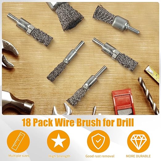 18 Pack Wire End Brush Set, Wire Brush for Drill ,6 Sizes 0.012"Crimped Wire Wheel for Drill 1/4 Inch Shank, for Drill Attachment