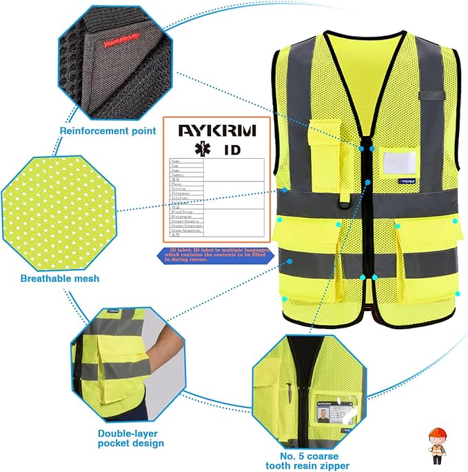 A-SAFETY High Visibility Mesh Safety Reflective Vest with Pockets and Zipper,Hi Vis Viz Reflective Safety Vest(Yellow Mesh XL)